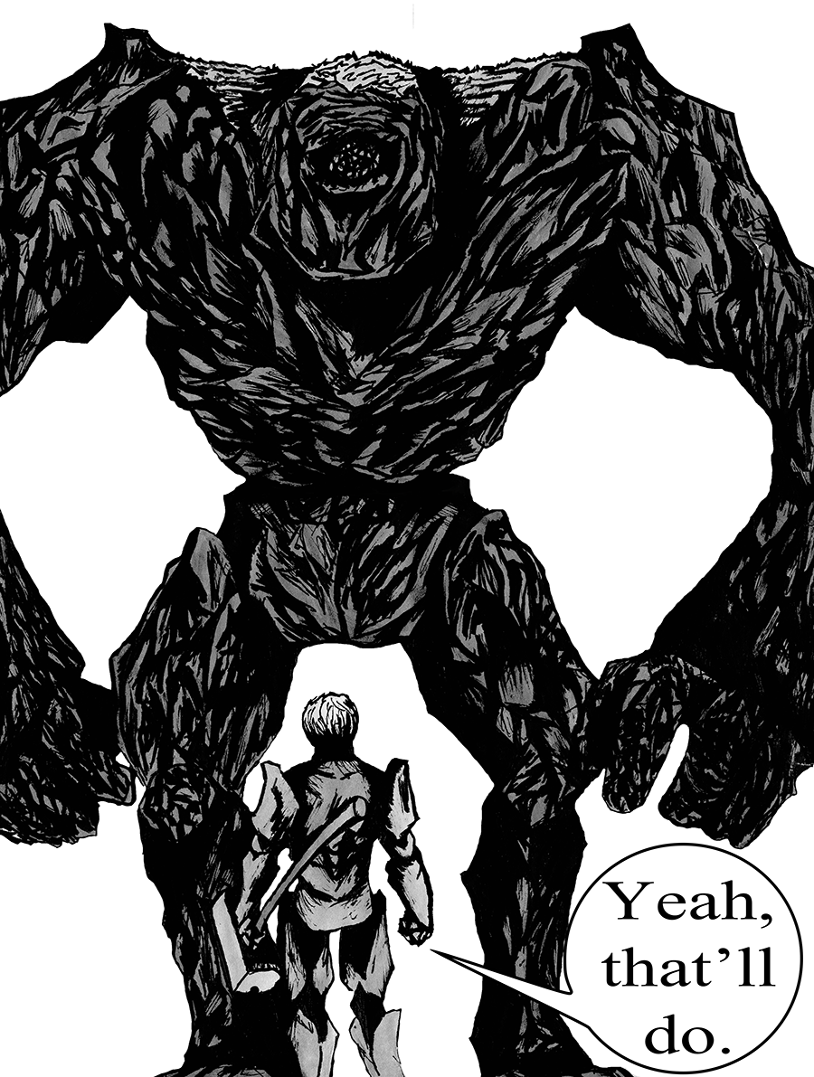 Rho stands against a giant Golem summoned by the Arch-Wizard.