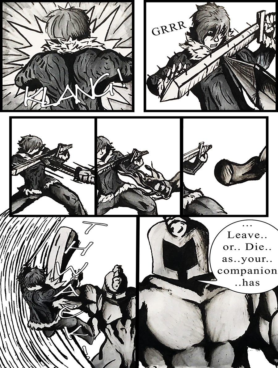 The Golem pushes back Lest after transforming his limb from a sword to a blunt weapon.