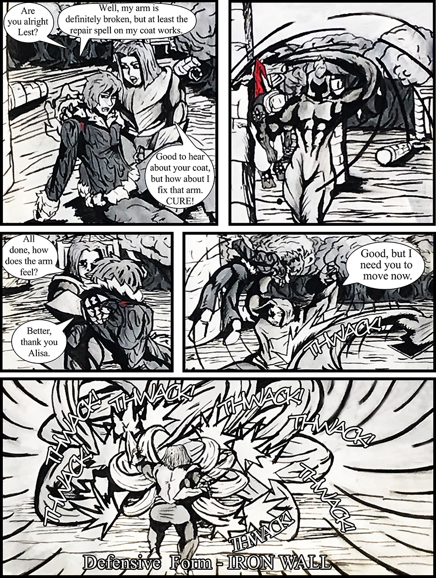 Alisa heals and defends Lest from the Golems relentless attacks.