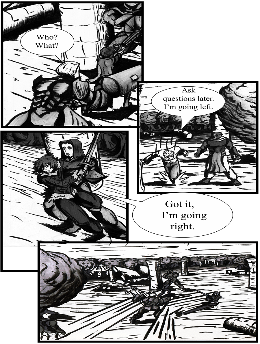 A mysterious figure has absorbed the attack from Golem, and the party members rally.