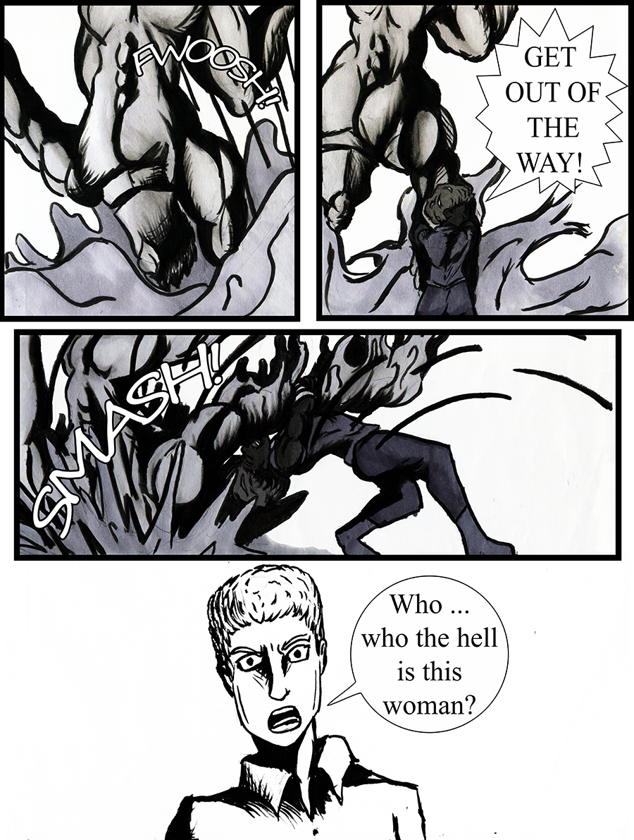 The mysterious woman lifts the Golem out of the cloud smoke created from the explosion.