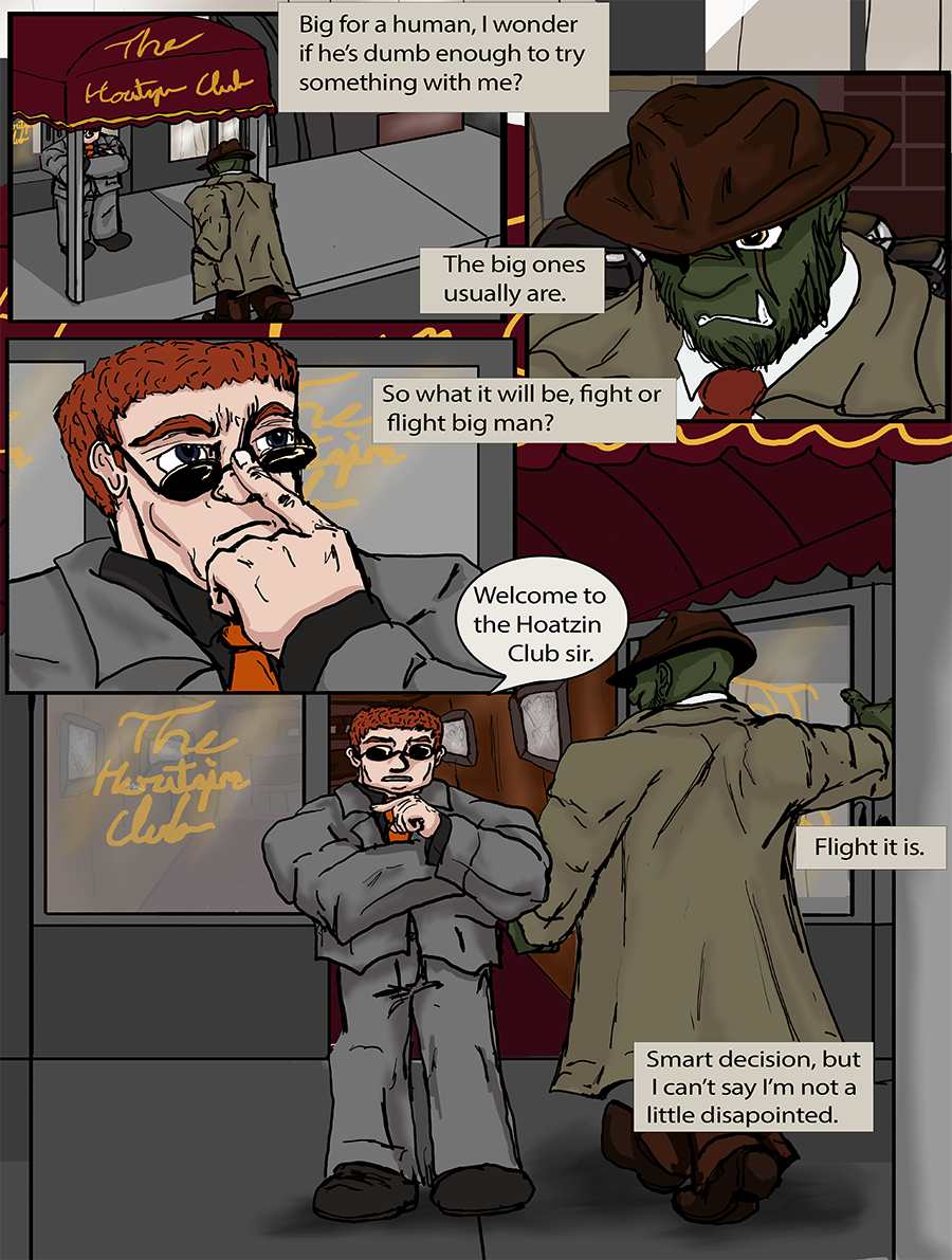 Orc walks up and passes by the bouncer of the Hoatzin club.