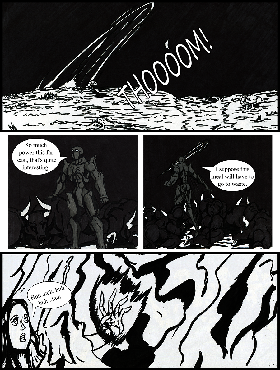 Morlock stands in a field of bull corpses as a burst of energy burns through the sky.