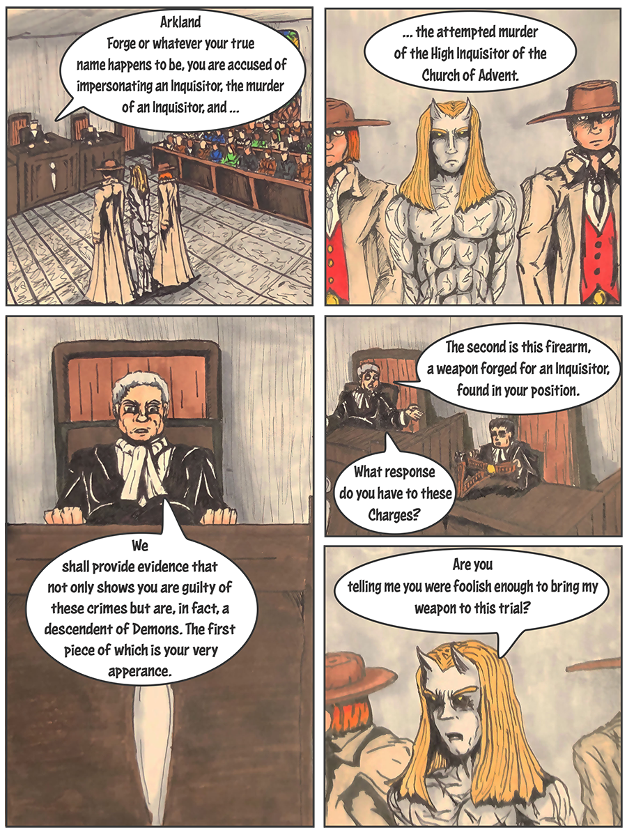 Arkland stands before a court of Advent as his crimes are listed before him.