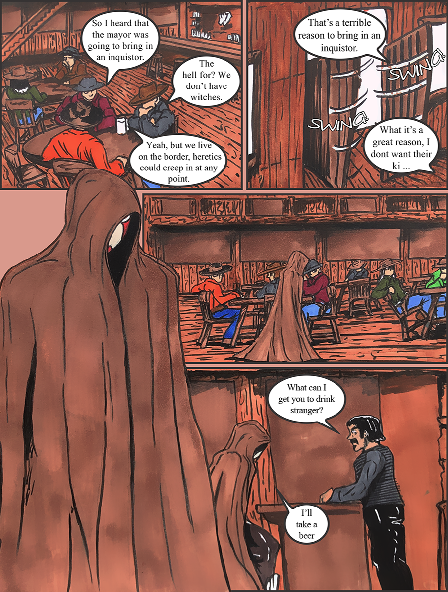 A hooded figure walks into a bar on the border.