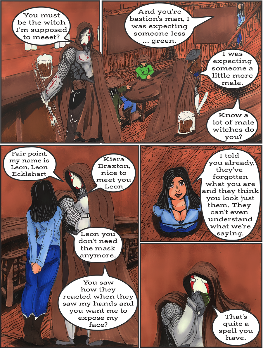 The witch approaches the hooded figure and introduces herself.