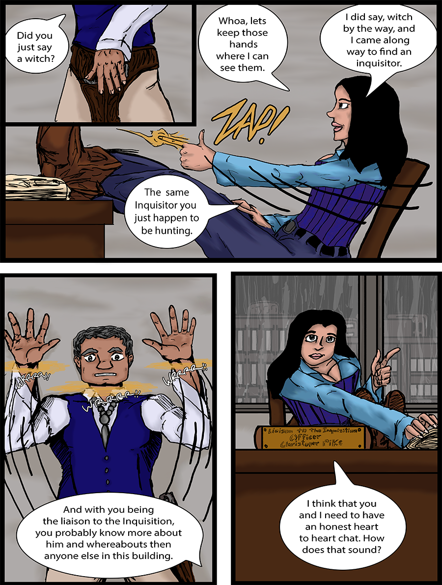 Kiera uses her magic to trap the lawmen in the office.