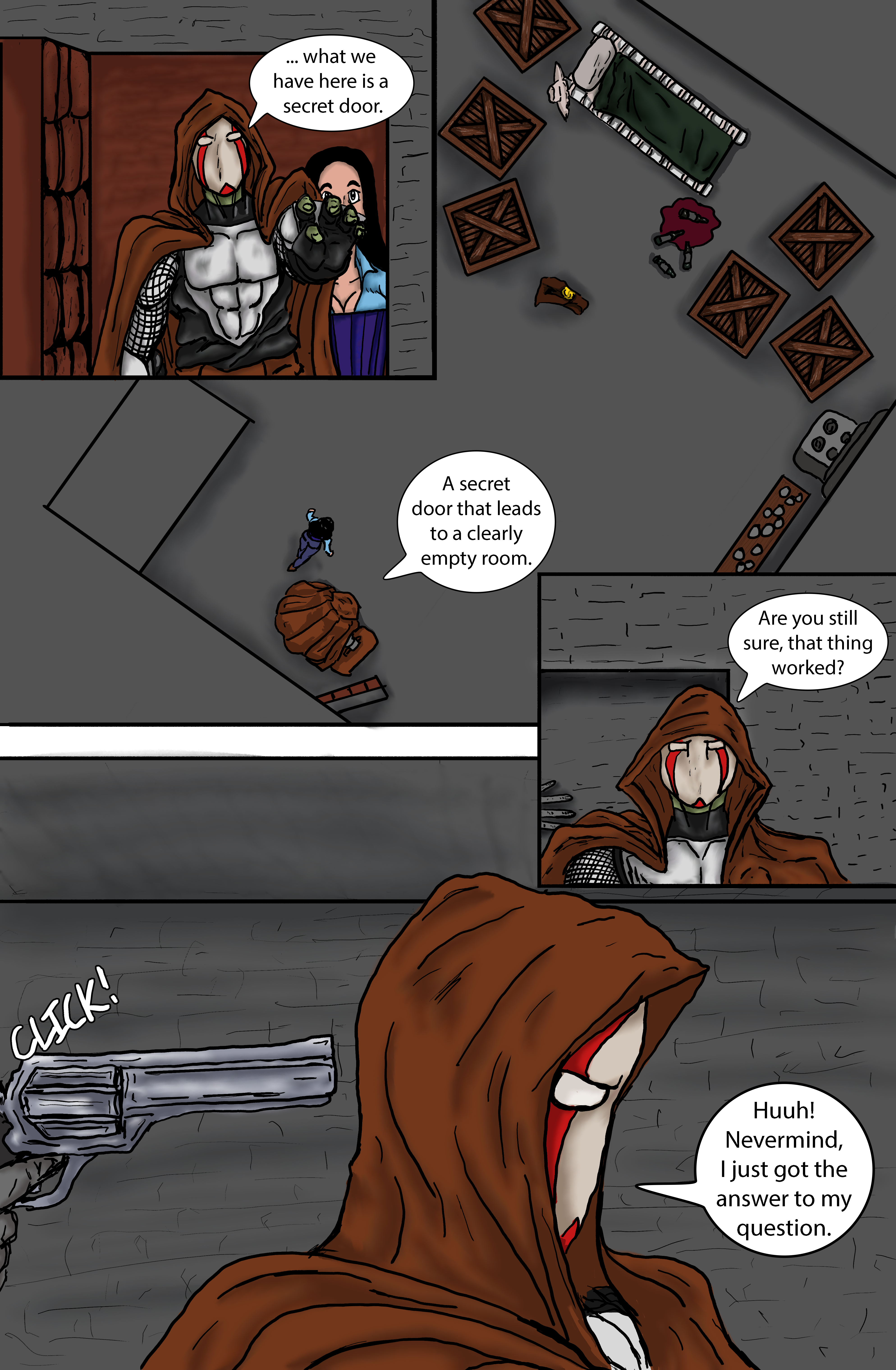 The secret door in the wall opens revealing a bare bones basement room.